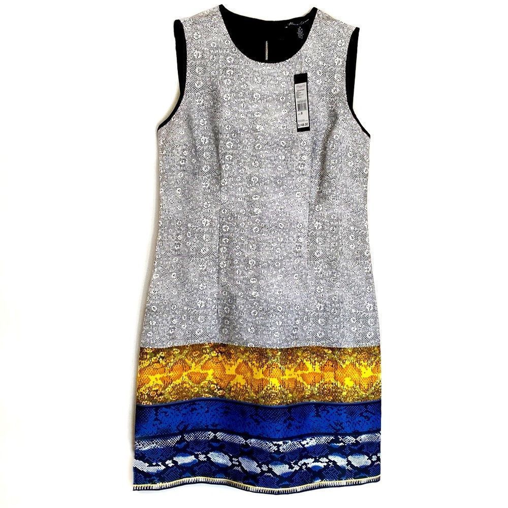 🔴 NWT Kenneth Cole Black White Blue Multi Print Shift Cocktail Dress - Picture 6 of 14